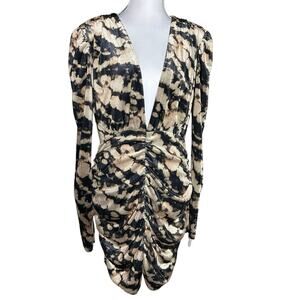 Velvet Mocha Black Small Abstract Animal Print Ruched V Neck Hip Hop Dress